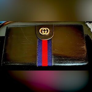Vintage GUCCI Long Wallet Sherry Line GG Logo Unisex Black Leather
